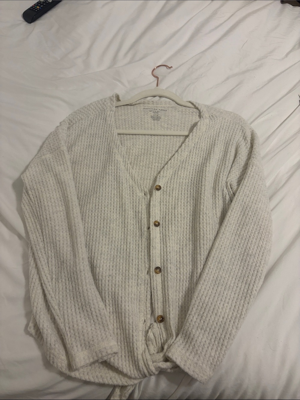 American Eagle Outfitters Cream Waffle-Knit Button Cardigan